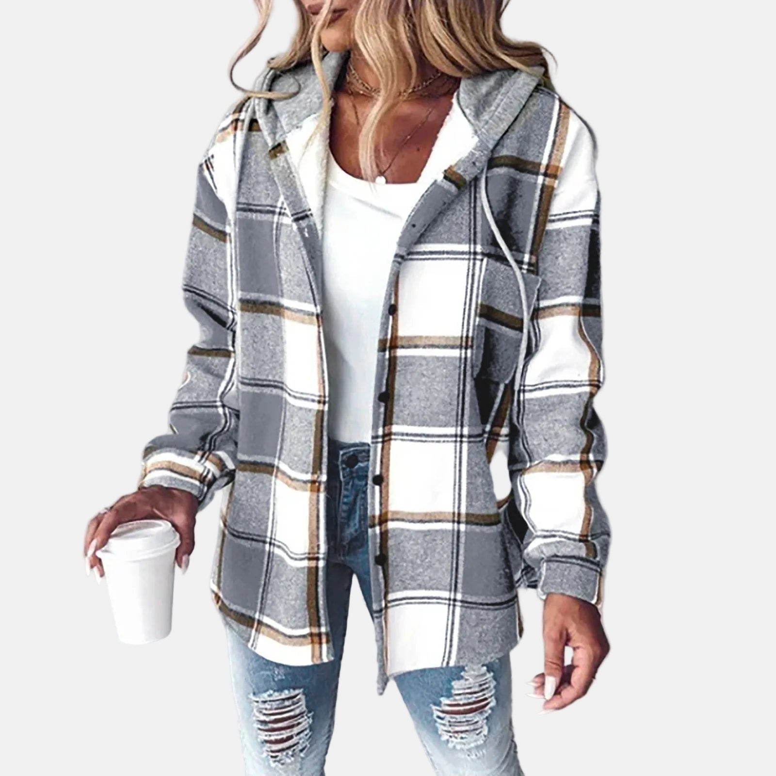 PAIGE™ - Chic Plaid Long-Sleeve Button Down Hooded Jacket
