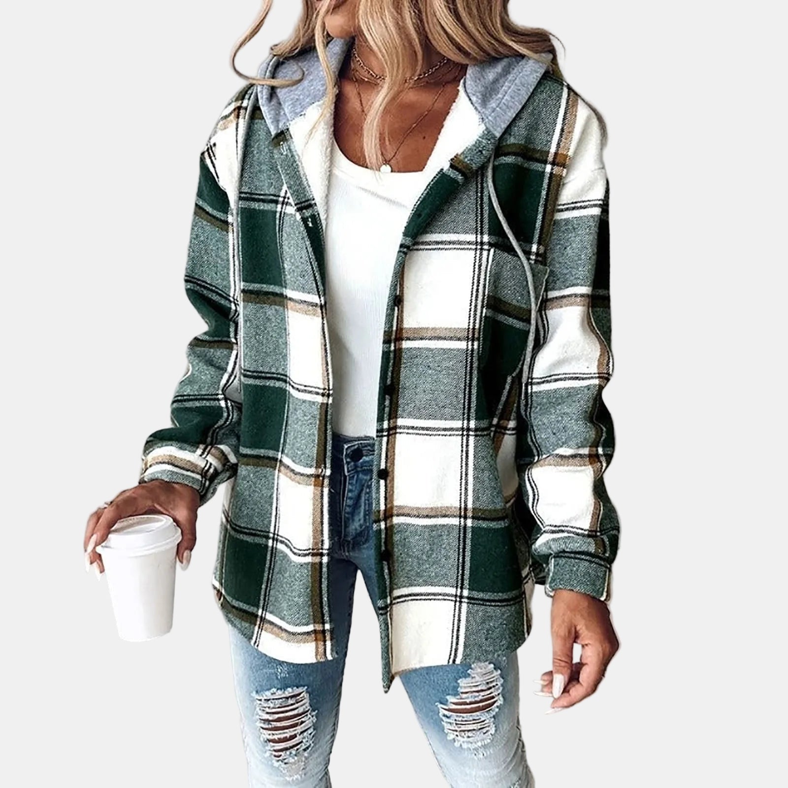 PAIGE™ - Chic Plaid Long-Sleeve Button Down Hooded Jacket